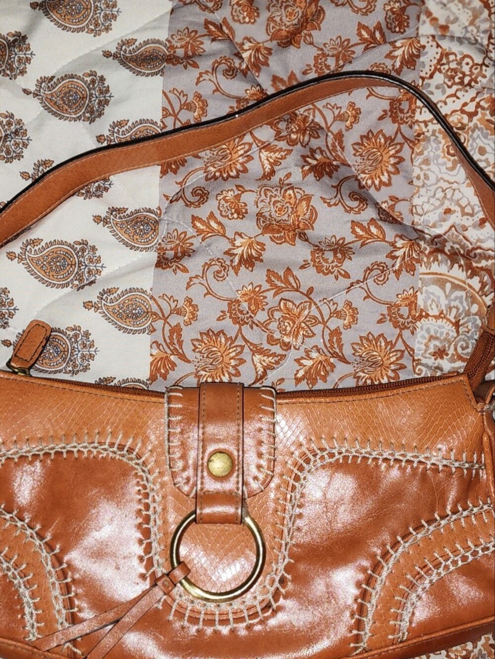 Tan Leather Shoulder Bag with Whipstitch Trim